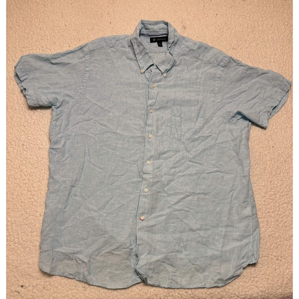 Cremieux Mens Short Sleeve Linen Button Up Shirt XXL Light Blue Solid 38